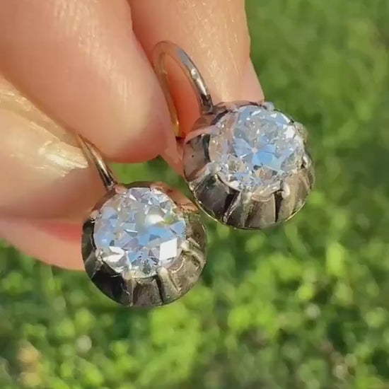 Original Antique Two Carats Tdw Natural Old Mine Cut Diamond Earrings 14k Gold Silver Collets Victorian Dangle Dormeuse Gift 2Ctw