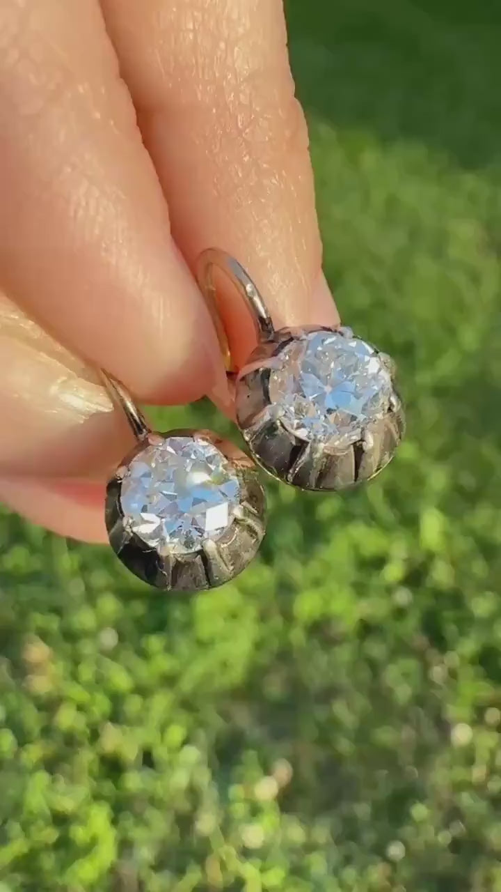 Original Antique Two Carats Tdw Natural Old Mine Cut Diamond Earrings 14k Gold Silver Collets Victorian Dangle Dormeuse Gift 2Ctw