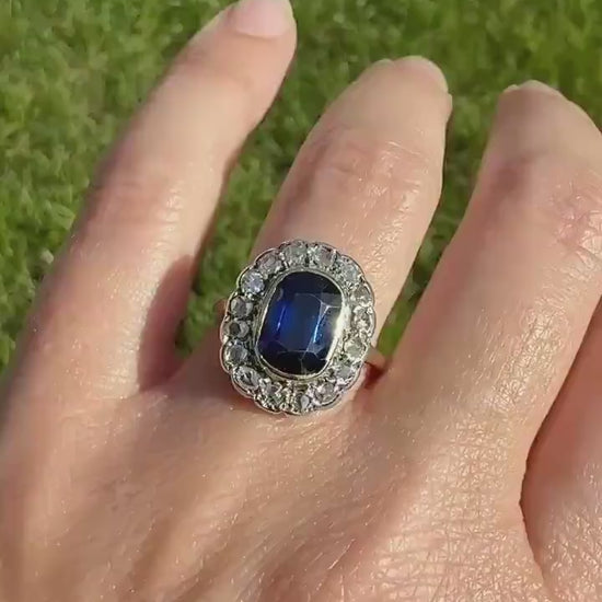 SAPPHIRE Rose Cut Diamond Halo French Antique Ring 18k Gold Silver Belle Epoque Ring Scalloped Blue Sparkle Edwardian early 1900s