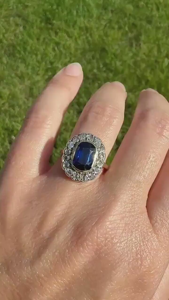 SAPPHIRE Rose Cut Diamond Halo French Antique Ring 18k Gold Silver Belle Epoque Ring Scalloped Blue Sparkle Edwardian early 1900s