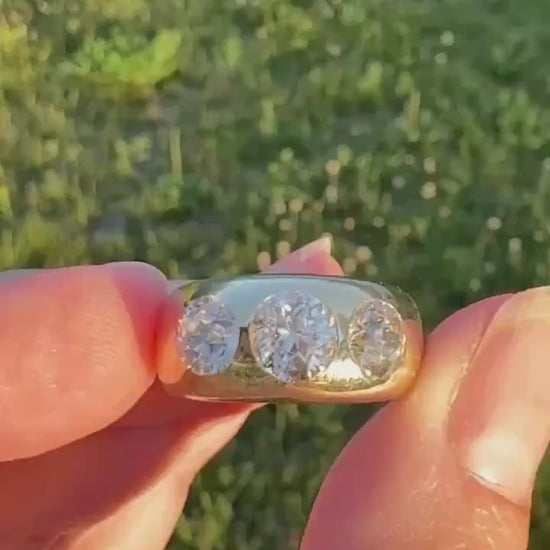 HEAVY Antique 2.4 Carats Natural Old Mine Cut Diamond Three Stone Gypsy Band 10.1g 14k Gold Stacker Ring Man Unisex Chunky