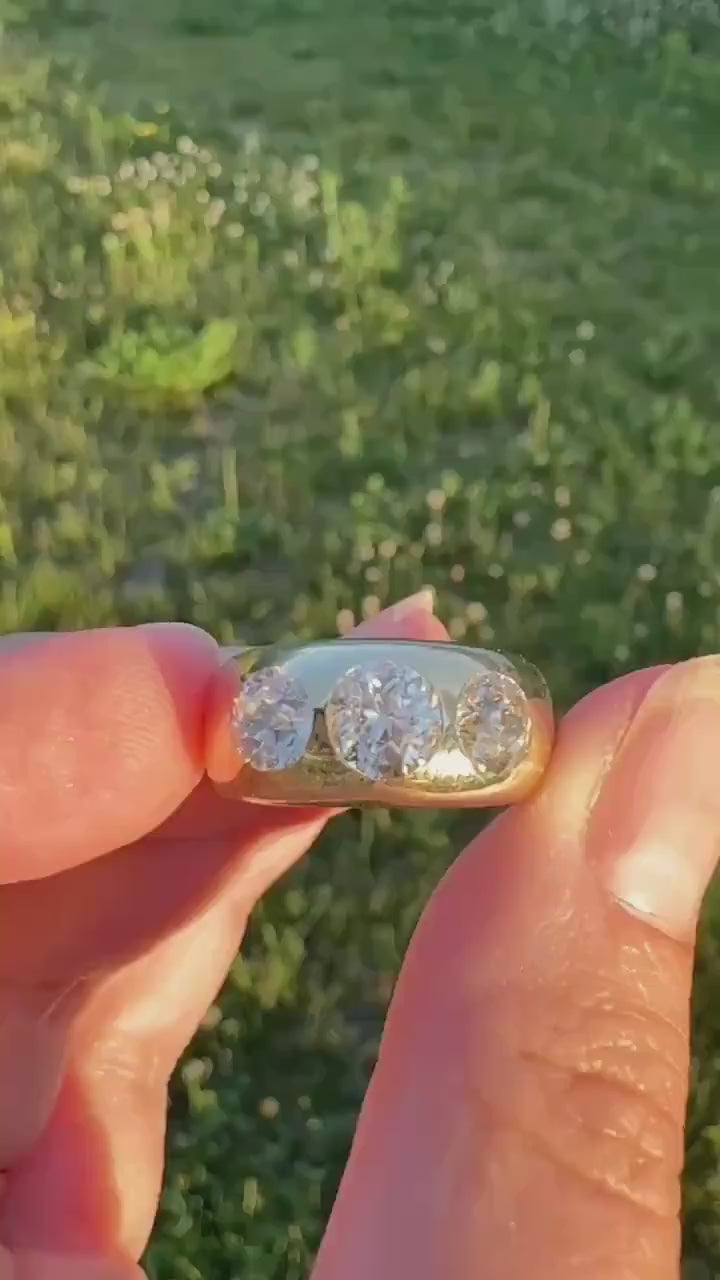 HEAVY Antique 2.4 Carats Natural Old Mine Cut Diamond Three Stone Gypsy Band 10.1g 14k Gold Stacker Ring Man Unisex Chunky