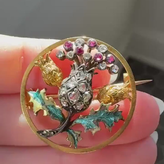 THISTLE Antique Art Nouveau 18k Gold French Belle Epoque Rose Cut Diamond Ruby Brooch Pin Pendant Connector Extender 3D Lifelike Floral