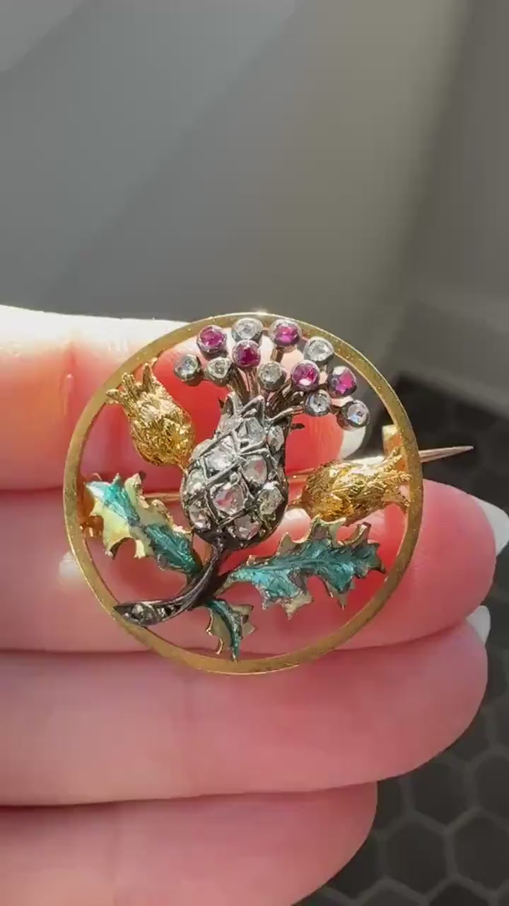 THISTLE Antique Art Nouveau 18k Gold French Belle Epoque Rose Cut Diamond Ruby Brooch Pin Pendant Connector Extender 3D Lifelike Floral