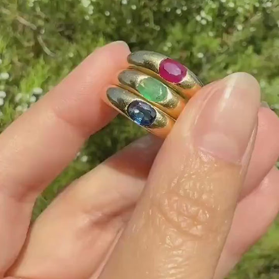 EMERALD Vintage 4.3mm Gypsy Ring 18k Gold French Domed Skinny Band Solitaire Green Stacker East West Oval Line Romantic Gift