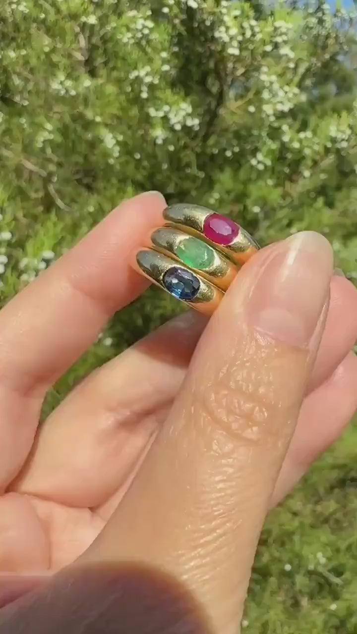 EMERALD Vintage 4.3mm Gypsy Ring 18k Gold French Domed Skinny Band Solitaire Green Stacker East West Oval Line Romantic Gift