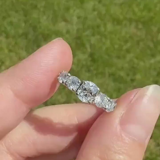 Five Stone 1.2 Carat Old Mine & Transitional Cut Natural Diamond Band French 18k White Gold Platinum Stacker Ring