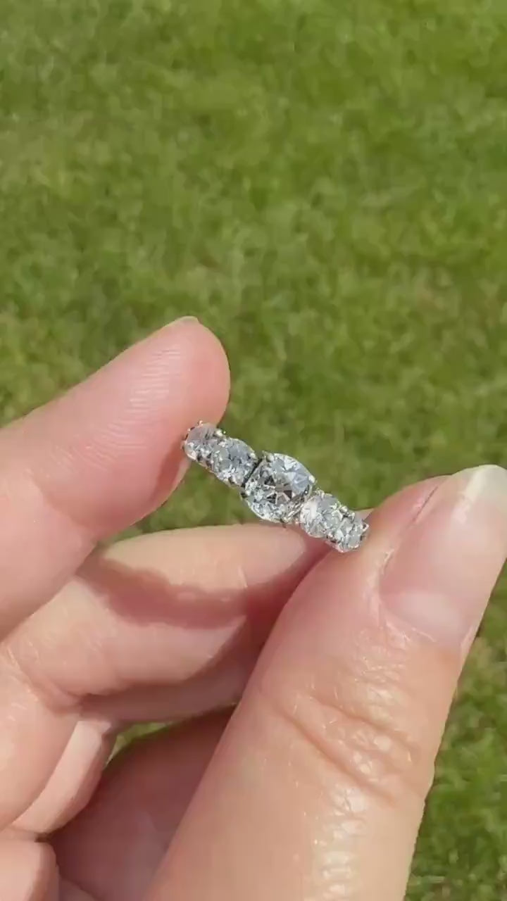 Five Stone 1.2 Carat Old Mine & Transitional Cut Natural Diamond Band French 18k White Gold Platinum Stacker Ring