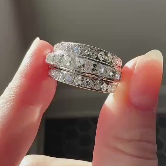 Chunky Vintage 2.3 Carat Old French Cut & Single Cut DIAMOND Triple Row Stepped Wide Band in Platinum Art Deco with Older Stones
