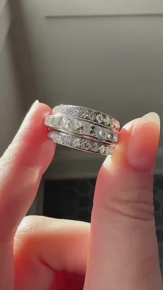 Chunky Vintage 2.3 Carat Old French Cut & Single Cut DIAMOND Triple Row Stepped Wide Band in Platinum Art Deco with Older Stones
