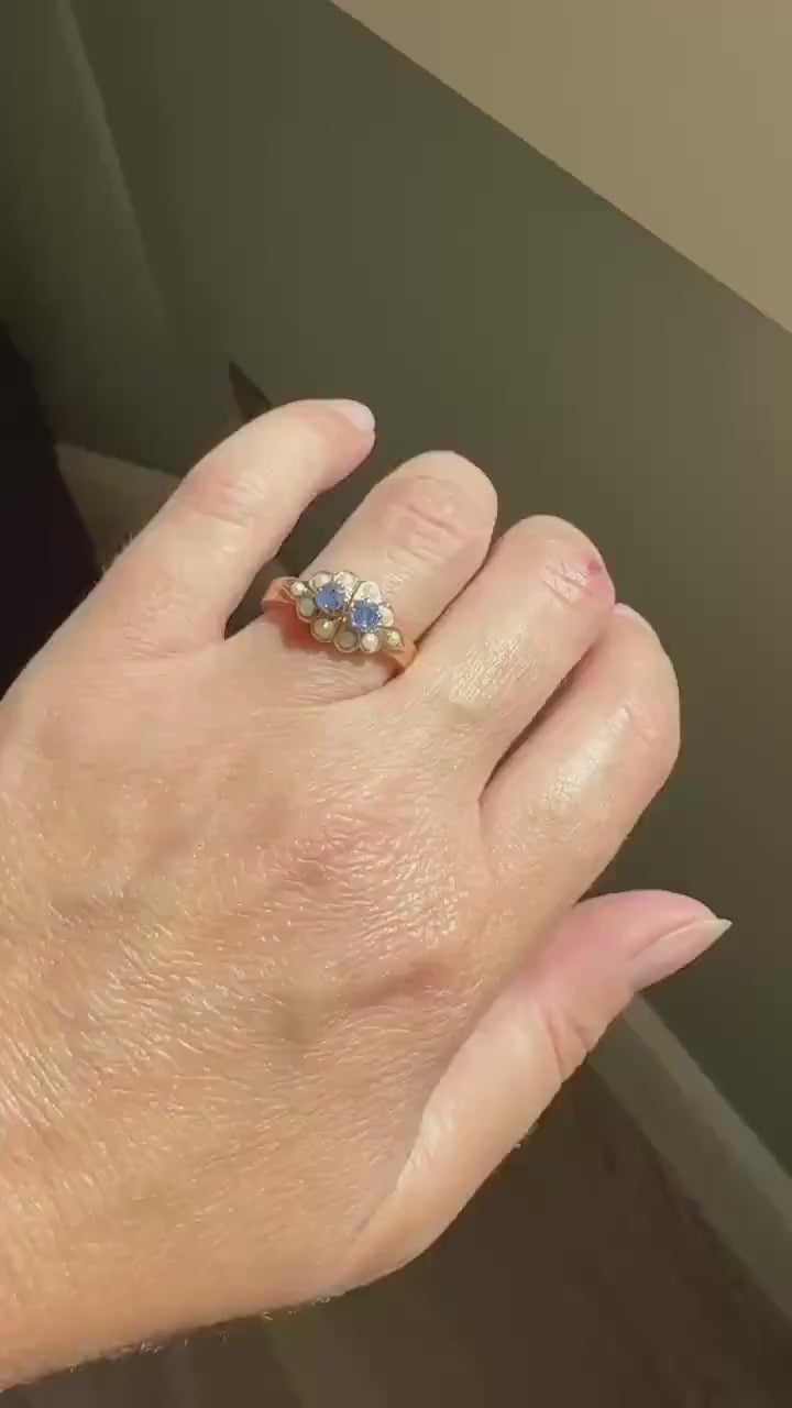 RARE 2 for 1 Convertible RING to EARRINGS Hoops Antique Pearl Faux Sapphire Blue Doublet One of a Kind Edwardian Ooak Stacker Museum Piece