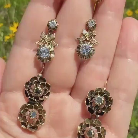 Antique Buttercup Rose Cut Diamond Day to Night Dormeuse Studs to Dangle Victorian Earrings 18k Gold Solid Scalloped Domed