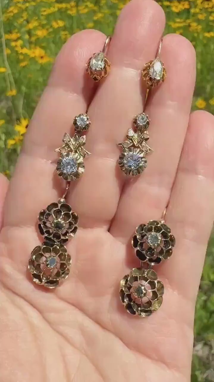 Antique Buttercup Rose Cut Diamond Day to Night Dormeuse Studs to Dangle Victorian Earrings 18k Gold Solid Scalloped Domed