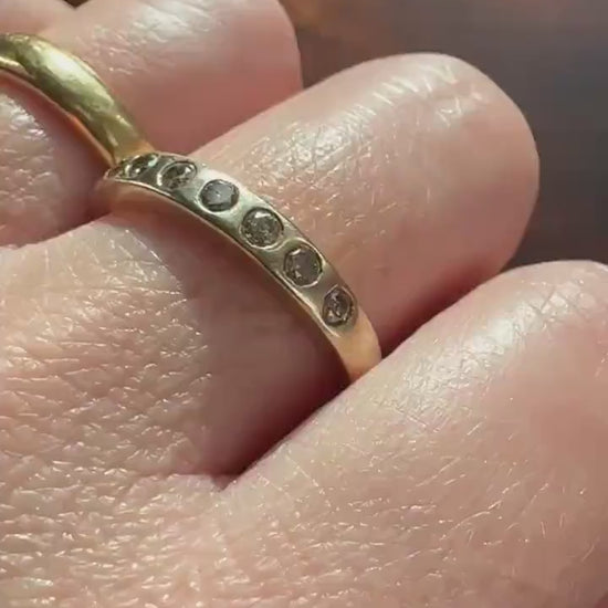 Vintage FANCY Brown Chocolate Golden Cognac Diamond Seven Stone Gypsy Band Skinny Stacker Half Hoop Eternity 9k Gold Minimalist