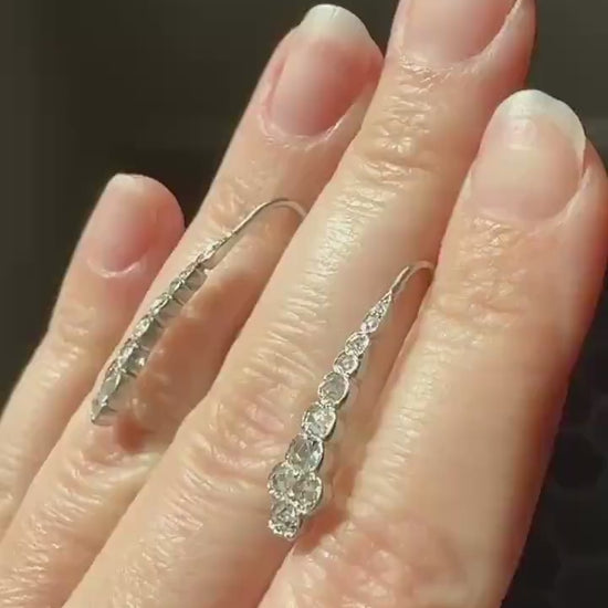 Beautiful Antique Platinum Linear Rose Cut Diamond Earrings Fixed Ear Wires Dangle Drop Clusters