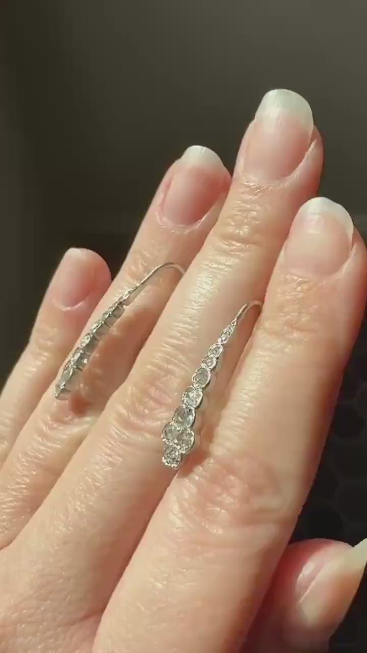 Beautiful Antique Platinum Linear Rose Cut Diamond Earrings Fixed Ear Wires Dangle Drop Clusters