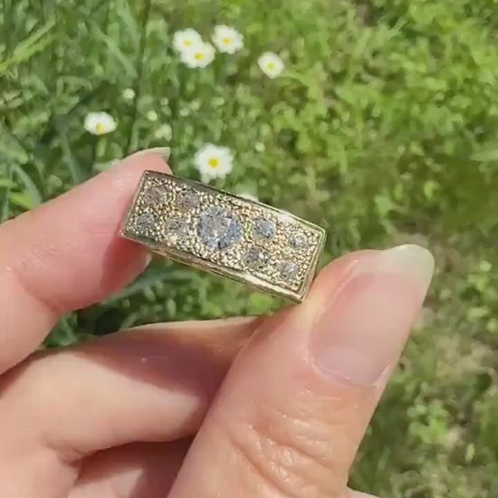 Transitional & Old Mine Cut DIAMOND 1Ctw French Vintage Grid Ring Platform Unisex Nine Stone Sturdy 7.5g 18k Gold Chunky Signet Stacker Gift
