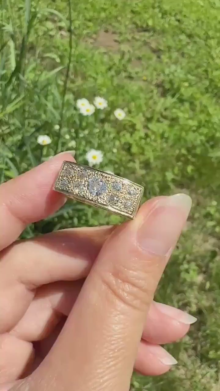 Transitional & Old Mine Cut DIAMOND 1Ctw French Vintage Grid Ring Platform Unisex Nine Stone Sturdy 7.5g 18k Gold Chunky Signet Stacker Gift