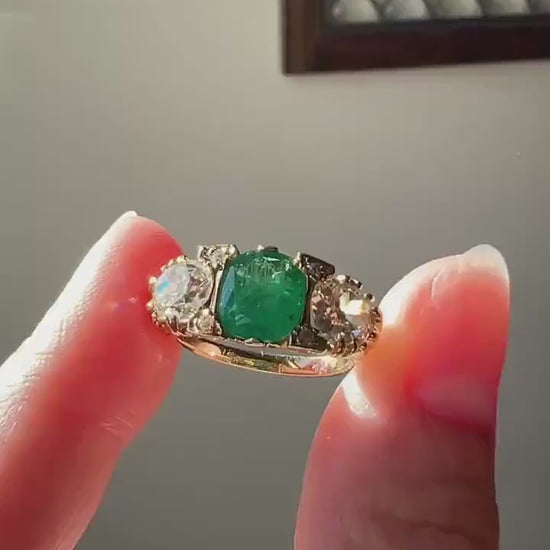 Antique 1.5 Carat Natural EMERALD & 1.9 Carat Tdw Eye Clean Old Mine Cut DIAMOND Three Stone Ring 18k Gold Big Chunky Stacker Art Deco OMC