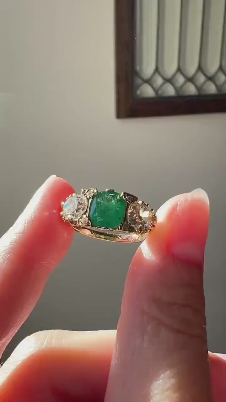 Antique 1.5 Carat Natural EMERALD & 1.9 Carat Tdw Eye Clean Old Mine Cut DIAMOND Three Stone Ring 18k Gold Big Chunky Stacker Art Deco OMC