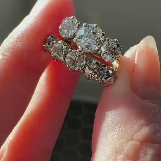 Antique 1.3 Carat Warm Old Mine Cut DIAMOND 5 Five Stone Band Ring 18k Gold Linear Art Deco Romantic Gift Stacker Wedding