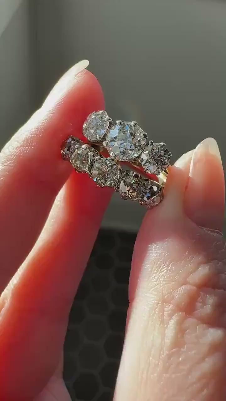 Antique 1.3 Carat Warm Old Mine Cut DIAMOND 5 Five Stone Band Ring 18k Gold Linear Art Deco Romantic Gift Stacker Wedding