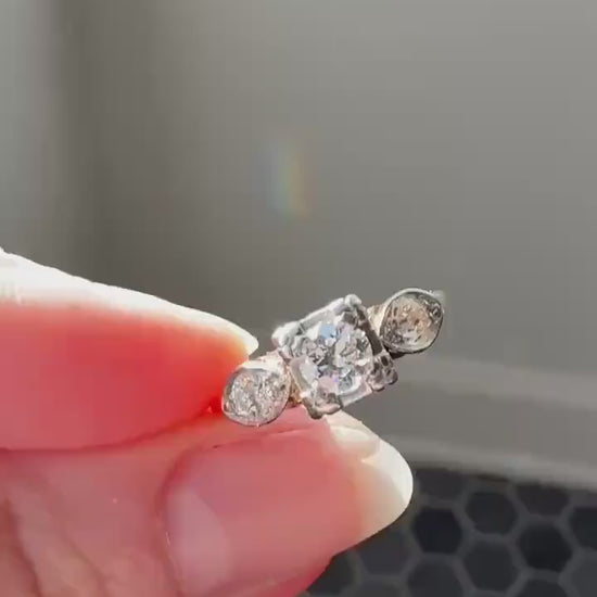 Old European Cut Diamond .75 Carat Tdw Three Stone Ring Solitaire with Accents Engagement Ring 14k Gold Platinum Edwardian Art Deco