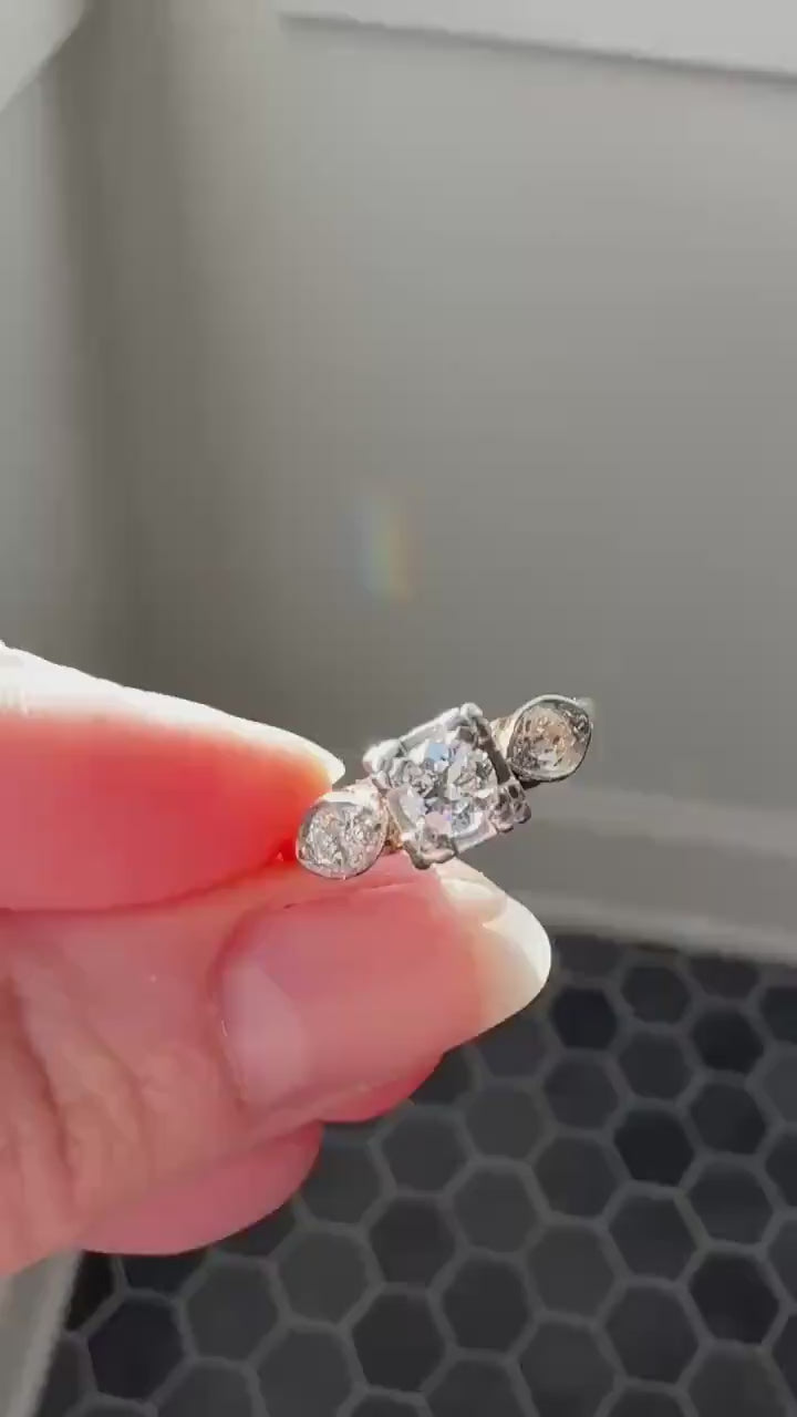 Old European Cut Diamond .75 Carat Tdw Three Stone Ring Solitaire with Accents Engagement Ring 14k Gold Platinum Edwardian Art Deco