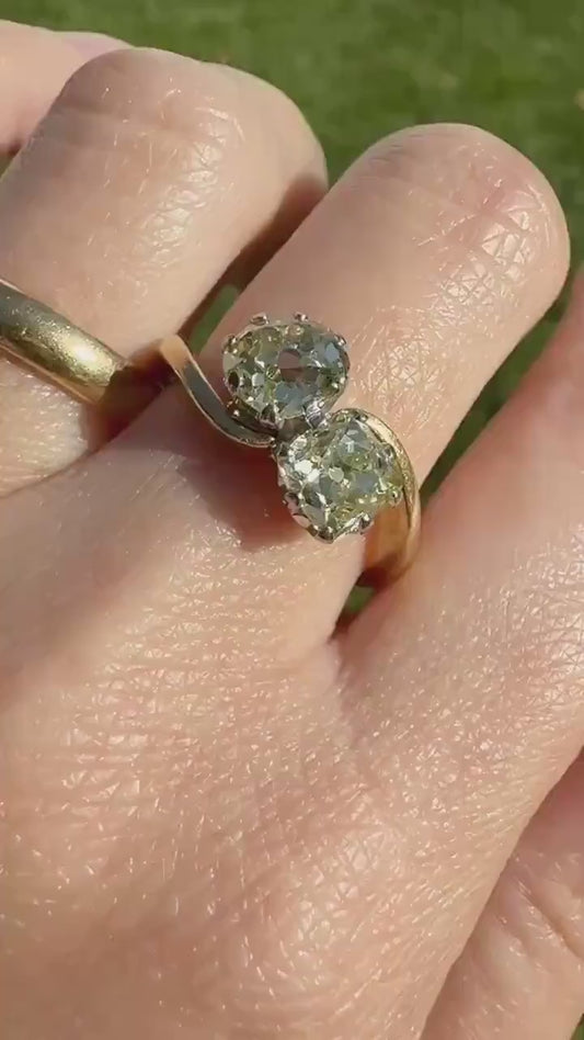 Antique Toi et Moi 2.1 CARAT Old Mine Cut DIAMOND Fancy Light Yellow Chunky 2 Stone Ring 18k Gold Angled Swirl Band Stacker c1901 Victorian