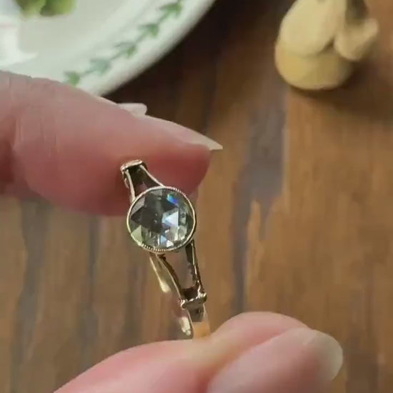 Antique 6.2mm Rose Cut DIAMOND Solitaire 14k Gold Ring Bezel Set Stacker Open Work Shoulders 1 Carat Face Up