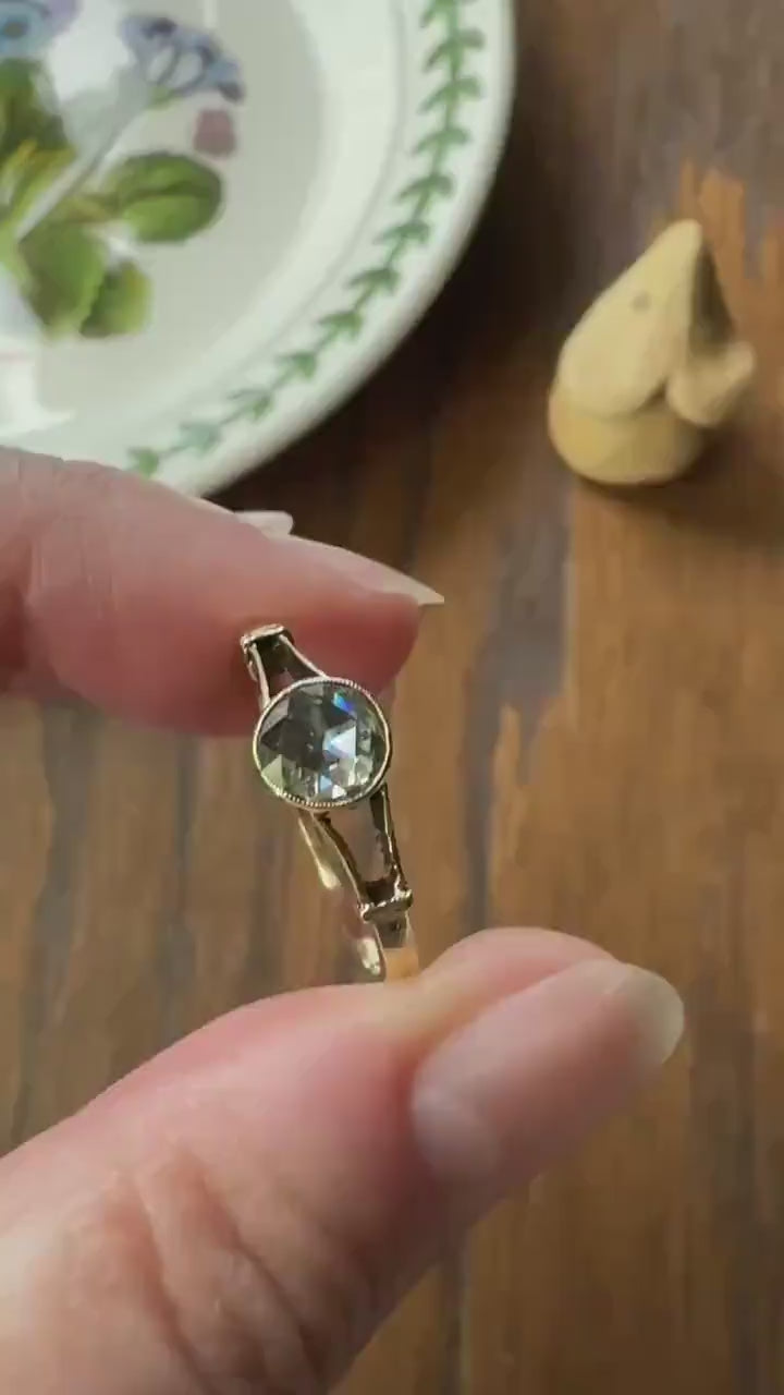 Antique 6.2mm Rose Cut DIAMOND Solitaire 14k Gold Ring Bezel Set Stacker Open Work Shoulders 1 Carat Face Up