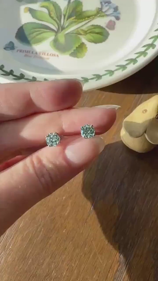 FIERY Fancy Intense Greenish Blue DIAMOND 1.2 Carat Stud Earrings Natural Enhanced w/ Certificates Earstack .6 Each Daily Wearers Minimalist