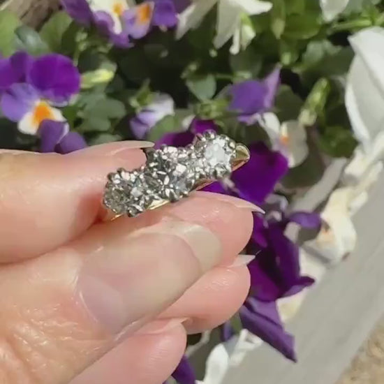 Antique Eye Clean Three Stone 1.1 Carat Old Mine Cut DiAMOND Ring 18k GOLD Stacker Band 1.1Ctw OMC Trilogy Anniversary Wedding Engagement
