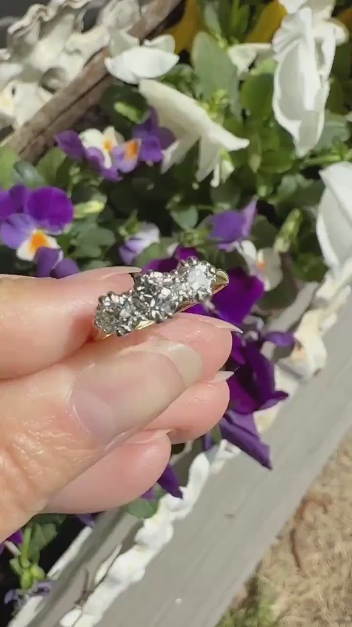 Antique Eye Clean Three Stone 1.1 Carat Old Mine Cut DiAMOND Ring 18k GOLD Stacker Band 1.1Ctw OMC Trilogy Anniversary Wedding Engagement