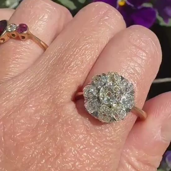 Special ANTIQUE 2.6 Carat 9 Old Mine Cut DIAMOND Daisy Cluster Ring 18k Gold & PLATINUM Belle Epoque Gift OmC Victorian Oval 2.6Ctw OmC