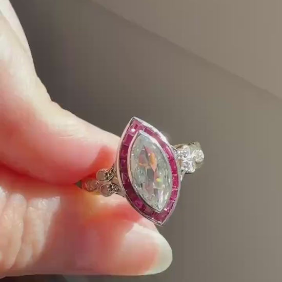 Vintage One Carat Old Cut MARQUISE Diamond Ruby HALO Navette French Art Deco Ring 18k Gold Platinum Belle Epoque Pink Rose Cut Accents