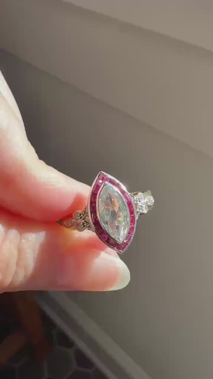 Vintage One Carat Old Cut MARQUISE Diamond Ruby HALO Navette French Art Deco Ring 18k Gold Platinum Belle Epoque Pink Rose Cut Accents