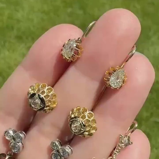 ANTIQUE 1.1 Carat Old Mine Cut DIAMOND Cluster Earrings Trefoil 18k White Gold Platinum Studs Bezel Set 1.1Ctw