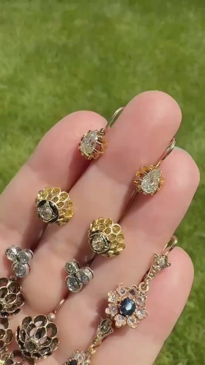ANTIQUE 1.1 Carat Old Mine Cut DIAMOND Cluster Earrings Trefoil 18k White Gold Platinum Studs Bezel Set 1.1Ctw