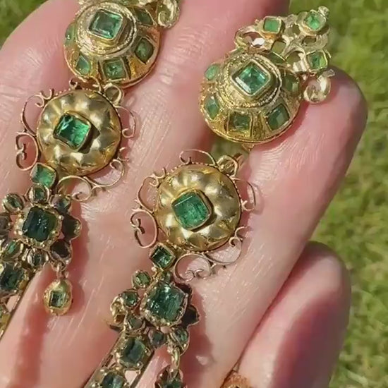 ANTIQUE Iberian Natural Square Cut EMERALD Georgian Era Floral Scrolling Dormeuse Earrings 18k Gold Hand Made Baroque Green