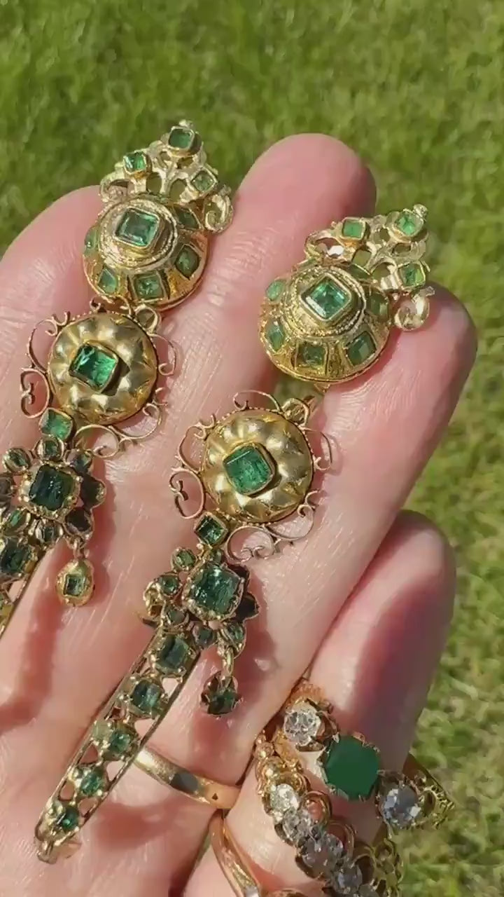 ANTIQUE Iberian Natural Square Cut EMERALD Georgian Era Floral Scrolling Dormeuse Earrings 18k Gold Hand Made Baroque Green