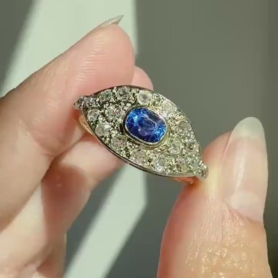 East West SAPPHIRE .8Ctw Old Mine Cut DIAMOND Antique Ring French 18k Gold Blue Stacker Band Pave Domed Shield Edwardian Cobblestone Texture