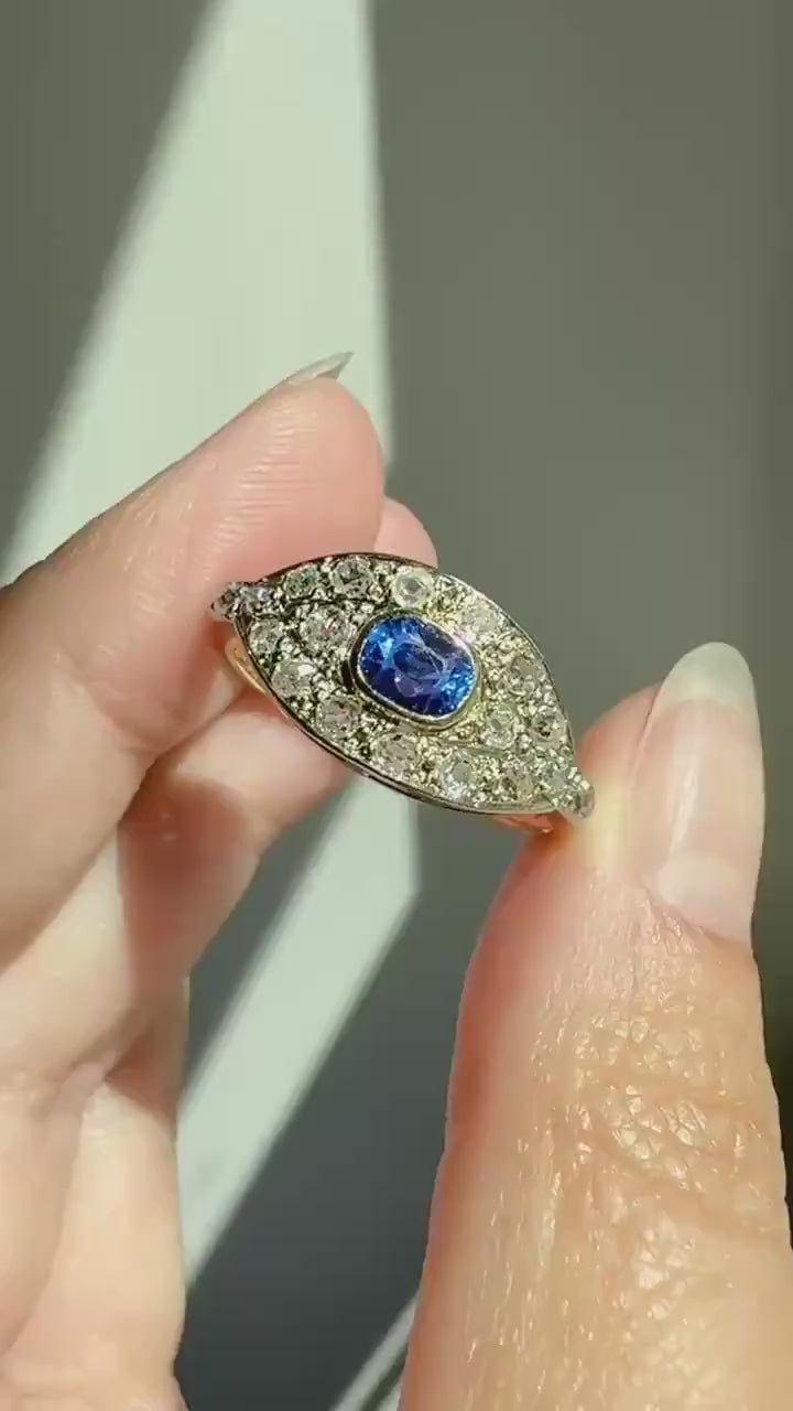 East West SAPPHIRE .8Ctw Old Mine Cut DIAMOND Antique Ring French 18k Gold Blue Stacker Band Pave Domed Shield Edwardian Cobblestone Texture