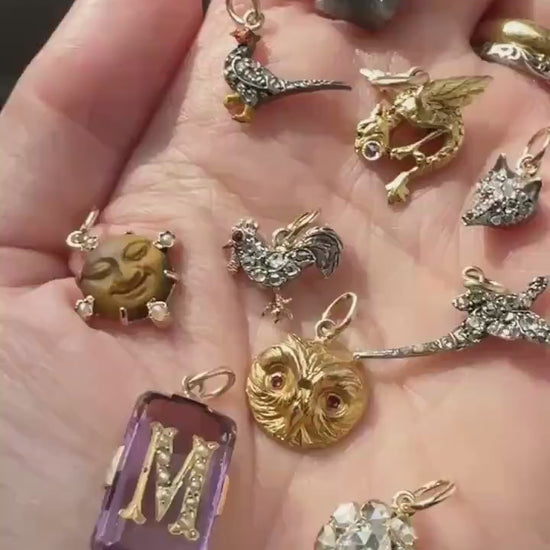 ROOSTER Rose Cut DIAMOND Ruby Eye Antique Victorian 14k Gold Silver Figural Pendant Necklace Bracelet Charm Animal Bird Jewelry Courage