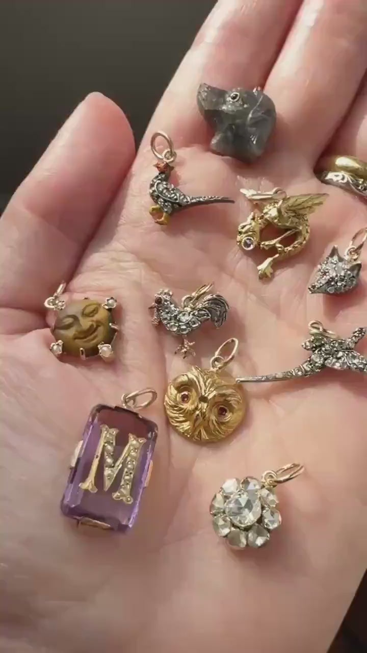 ROOSTER Rose Cut DIAMOND Ruby Eye Antique Victorian 14k Gold Silver Figural Pendant Necklace Bracelet Charm Animal Bird Jewelry Courage