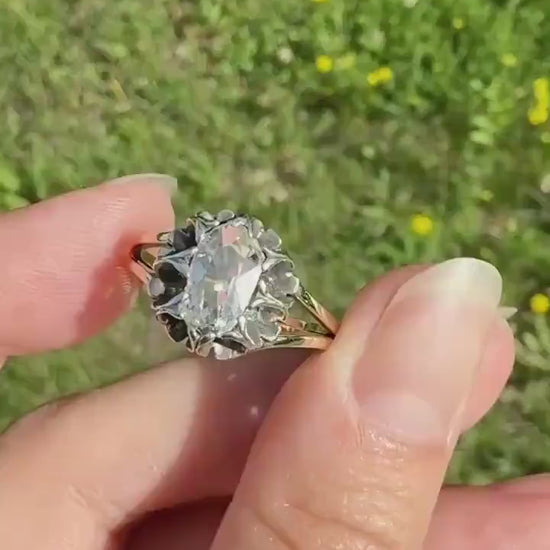 ANTIQUE Elongated Old Mine Cut Oval DIAMOND Eye Clean Silver Star Prong Basket Setting in 10k Gold Unique Buttercup Victorian .6 to 1.2 Ct.