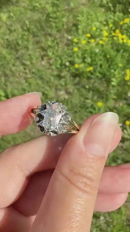 ANTIQUE Elongated Old Mine Cut Oval DIAMOND Eye Clean Silver Star Prong Basket Setting in 10k Gold Unique Buttercup Victorian .6 to 1.2 Ct.