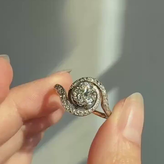 Turbillon French ANTIQUE Swirling 1.25 + Carat Old European Cut DIAMOND 18k Gold & PLATINUM Ring Bypass Solitaire Rose Cut Halo Stacker Gift