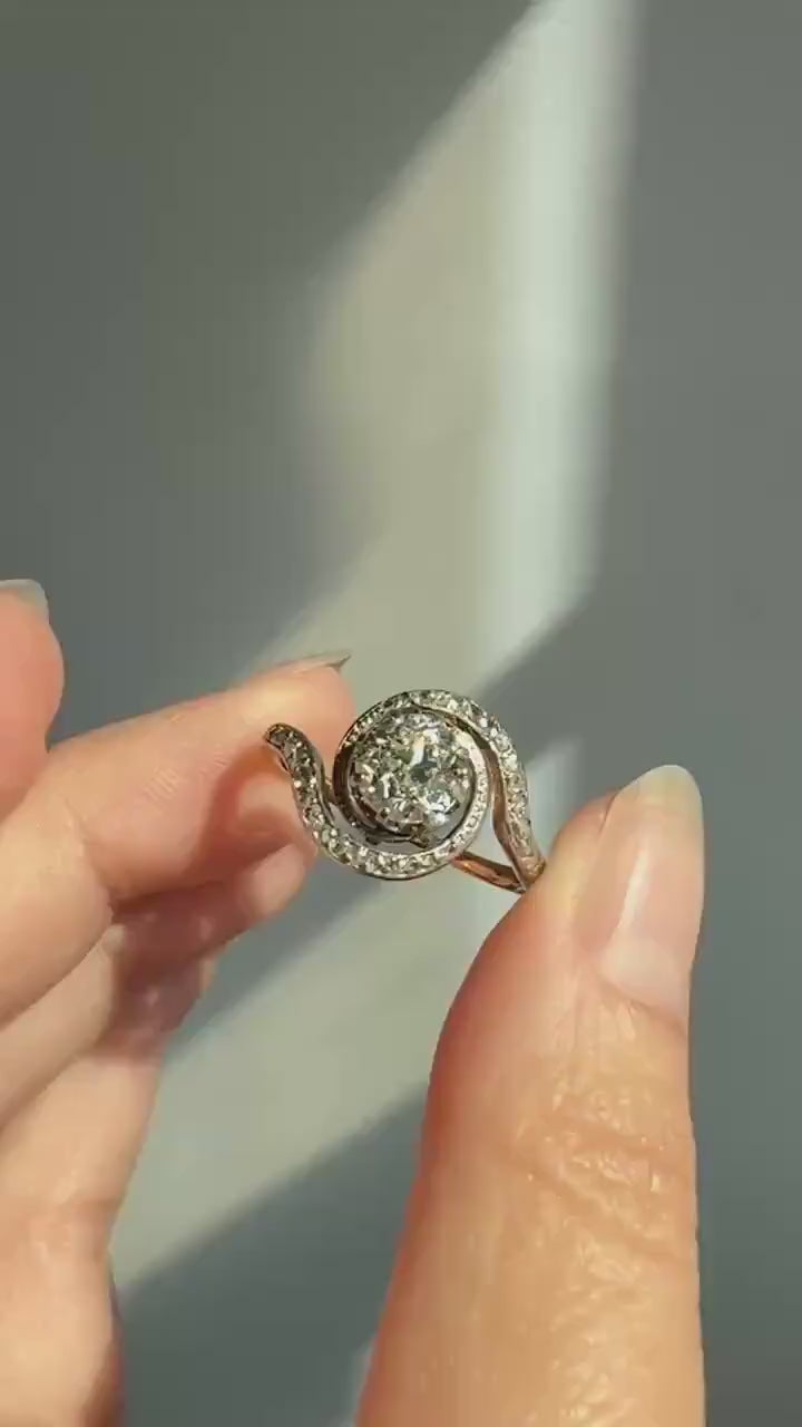 Turbillon French ANTIQUE Swirling 1.25 + Carat Old European Cut DIAMOND 18k Gold & PLATINUM Ring Bypass Solitaire Rose Cut Halo Stacker Gift
