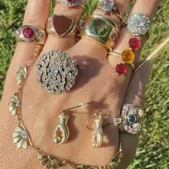 Dated 1924 Old Cut Antique Paste Three Stone Yellow & Red Crown Prong Setting 18k Gold Engraved Colorful Ringstack French Art Deco